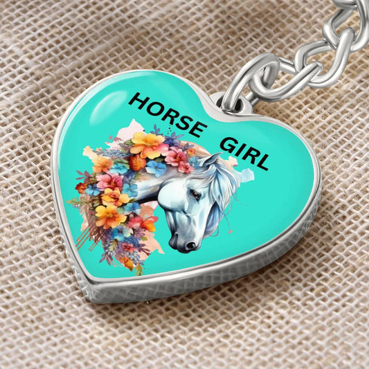 Horse Girl Engraved Keychain Floral Gray Horse