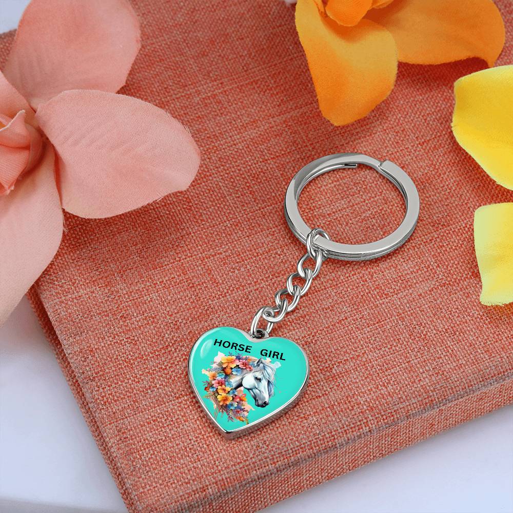 Horse Girl Engraved Keychain Floral Gray Horse