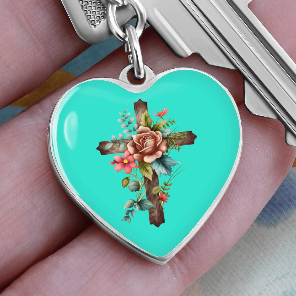 Engraved Keychain Floral Cross