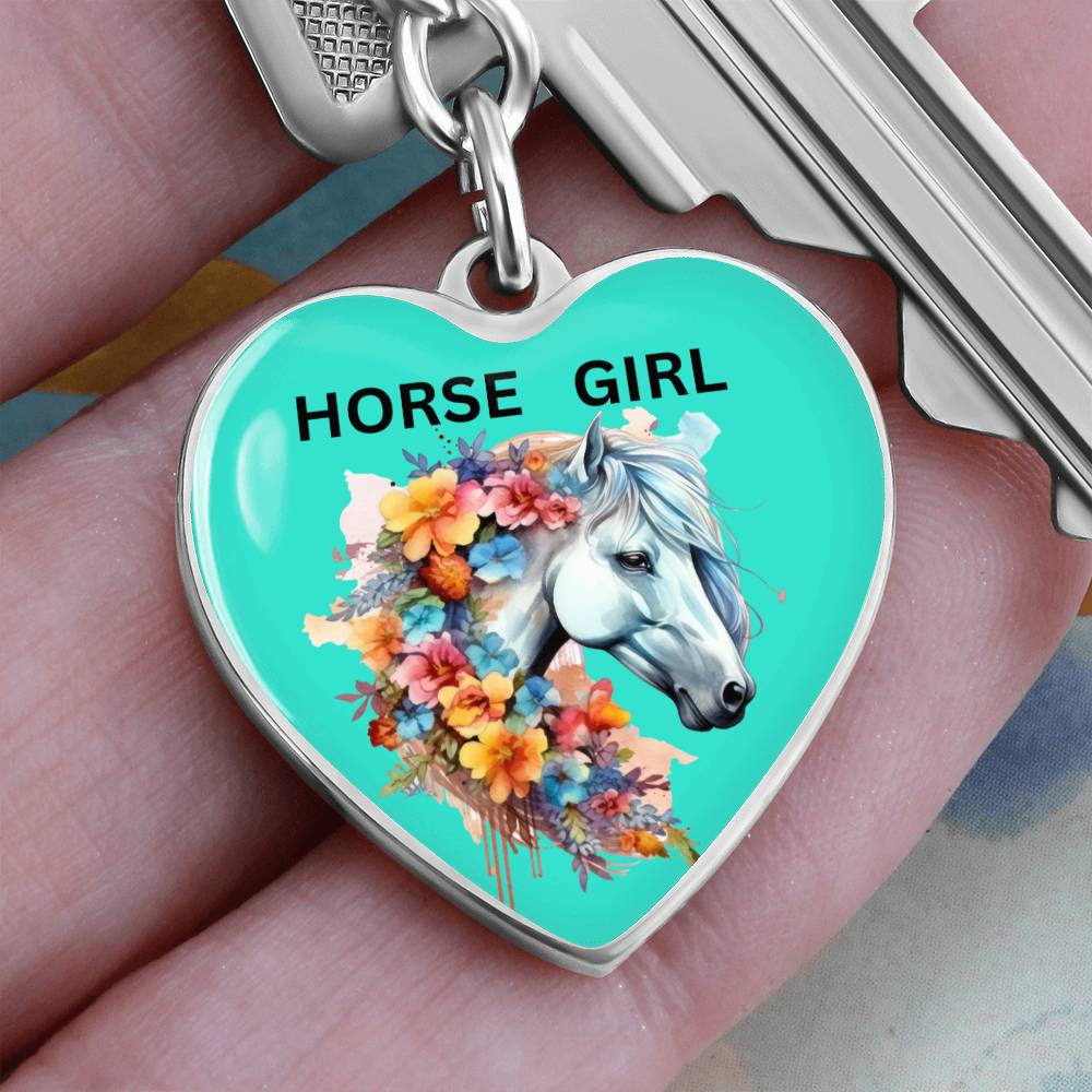 Horse Girl Engraved Keychain Floral Gray Horse