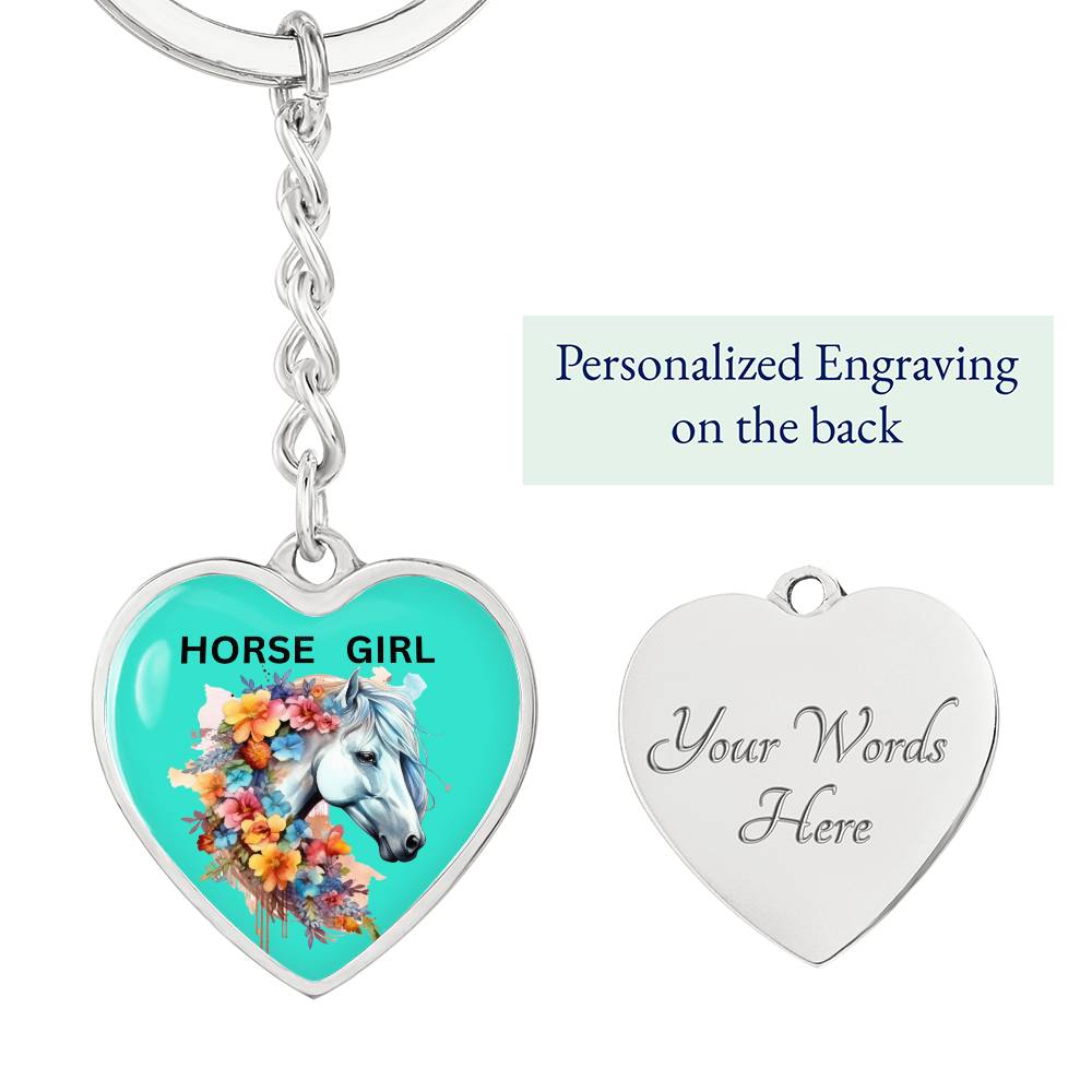 Horse Girl Engraved Keychain Floral Gray Horse