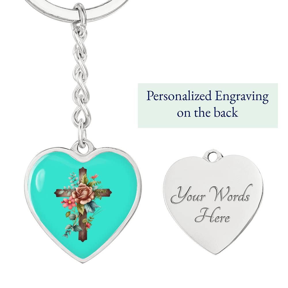 Engraved Keychain Floral Cross