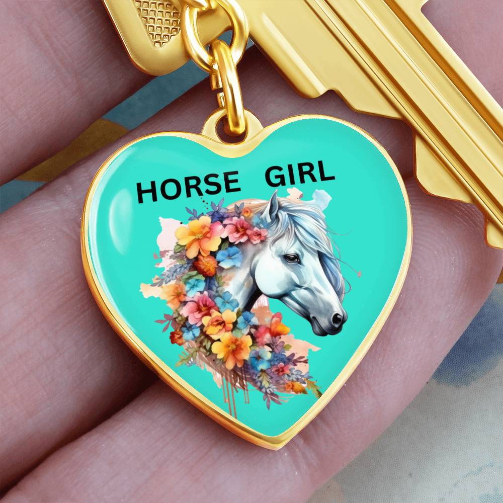 Horse Girl Engraved Keychain Floral Gray Horse