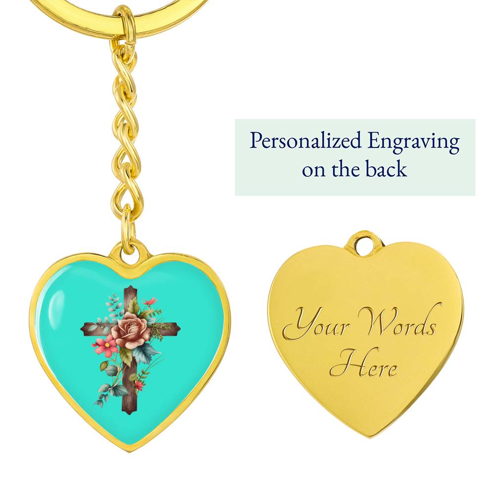 Engraved Keychain Floral Cross